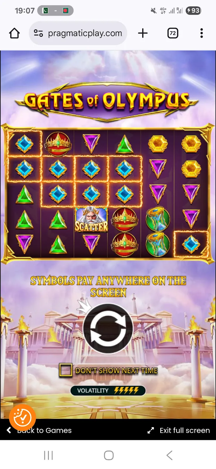 Juego móvil de Gates of Olympus en smartphone